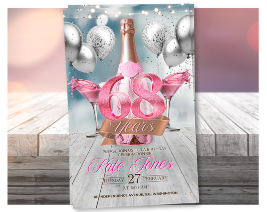 Pink Champagne 68th Birthday Video Invitation (Glitter Pink) | Editable Canva Template