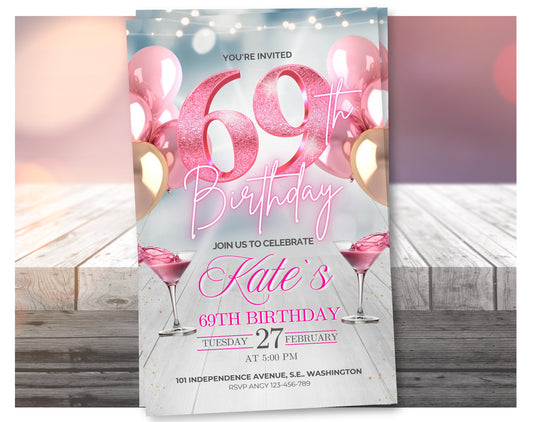 Editable Rose Gold 69th Birthday Invitation Video – Elegant Style Party Invite, Digital Download