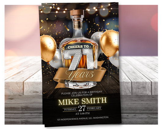 Luxury 71st Birthday Invitation Whisky Style 🥃 | Editable Canva Template | Elegant Gold Invite