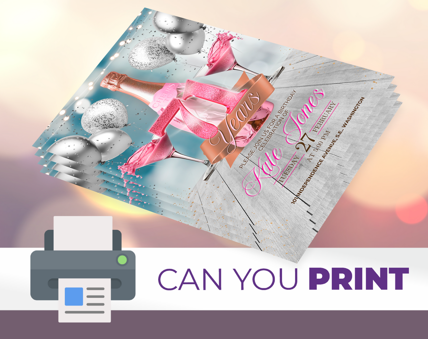 Invitación en video de cumpleaños número 71 "Champagne Rosa" (Purpurina Rosa) | Plantilla editable de Canva