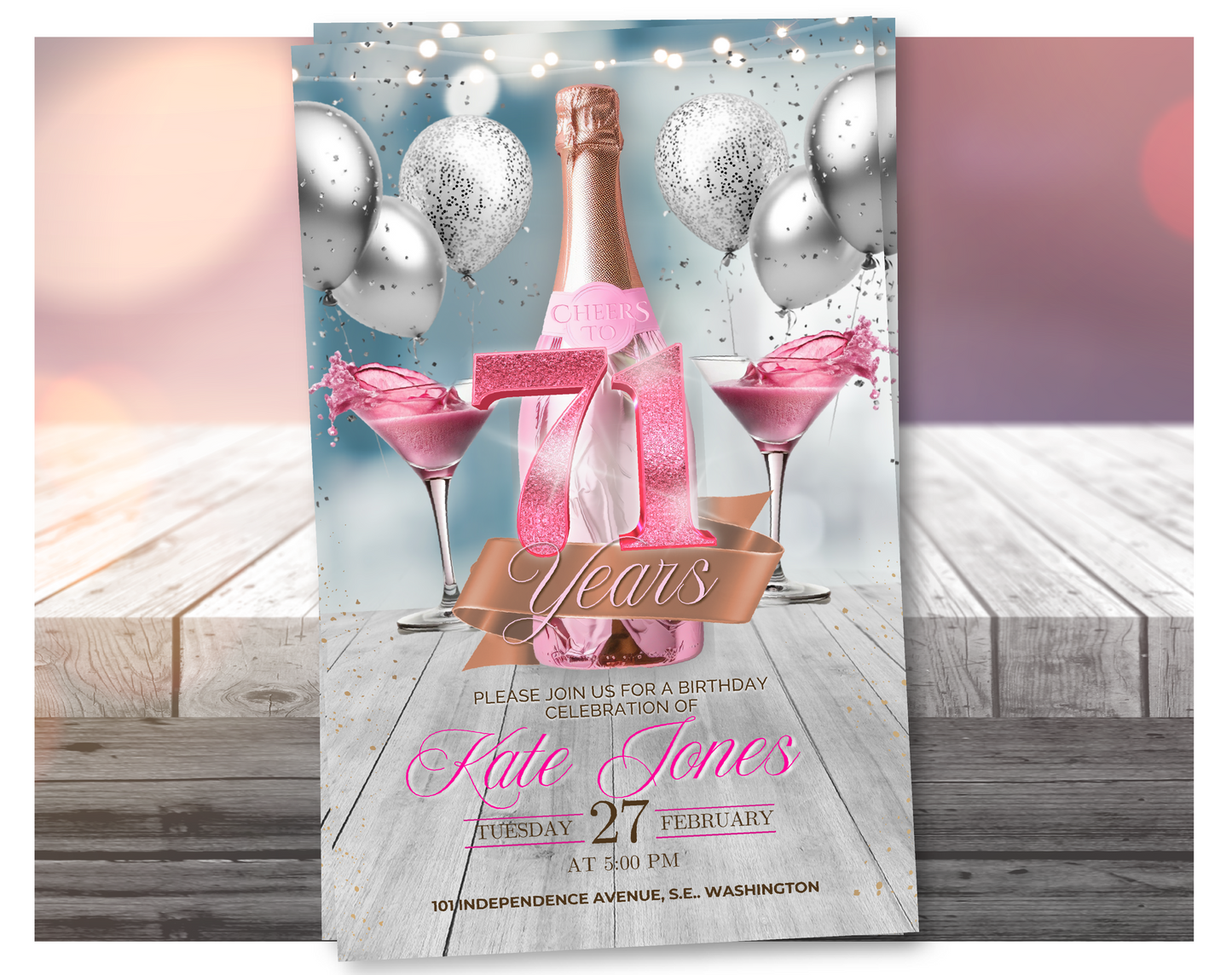 Invitación en video de cumpleaños número 71 "Champagne Rosa" (Purpurina Rosa) | Plantilla editable de Canva