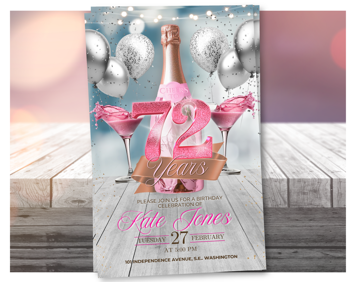 Invitación en video de cumpleaños número 72 de champán rosa (rosa brillante) | Plantilla editable de Canva