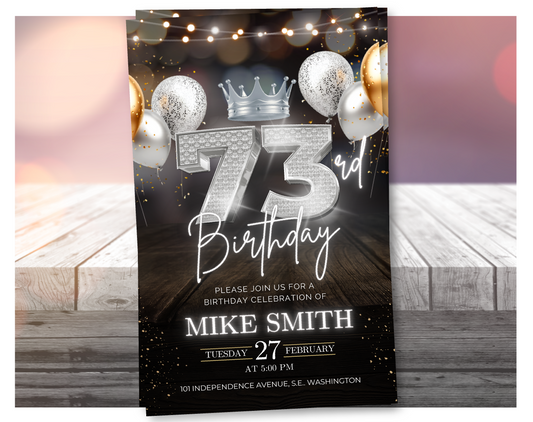 Luxury 73rd Birthday Invitation with Crown – Black & Silver Animated Canva Template ✨