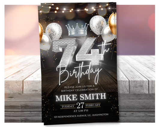 Luxury 74th Birthday Invitation with Crown – Black & Silver Animated Canva Template ✨
