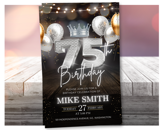 Luxury 75th Birthday Invitation with Crown – Black & Silver Animated Canva Template ✨