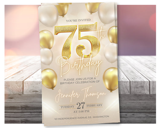 Luxury Gold 75th Birthday Invitation Template – Elegant Balloon Design Party Invite