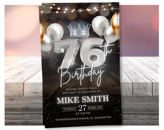 Luxury 76th Birthday Invitation with Crown – Black & Silver Animated Canva Template ✨