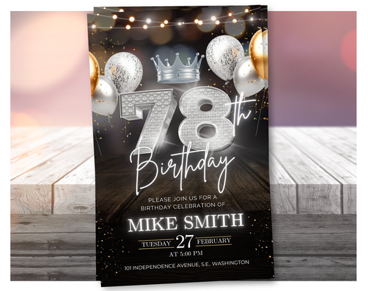 Luxury 78th Birthday Invitation with Crown – Black & Silver Animated Canva Template ✨