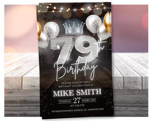 Luxury 79th Birthday Invitation with Crown – Black & Silver Animated Canva Template ✨