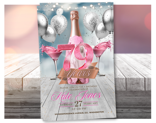 Pink Champagne 79th Birthday Video Invitation (Glitter Pink) | Editable Canva Template