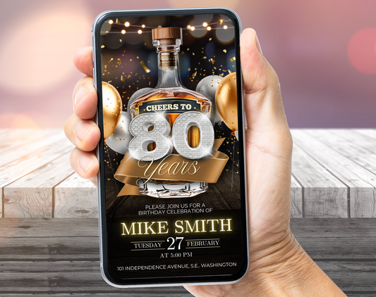 Luxury 80th Birthday Invitation Whisky Style 🥃 | Editable Canva Template | Elegant Gold Invite