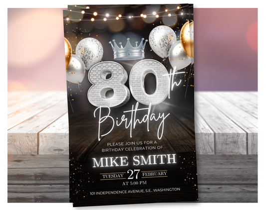 Luxury 80th Birthday Invitation with Crown – Black & Silver Animated Canva Template ✨