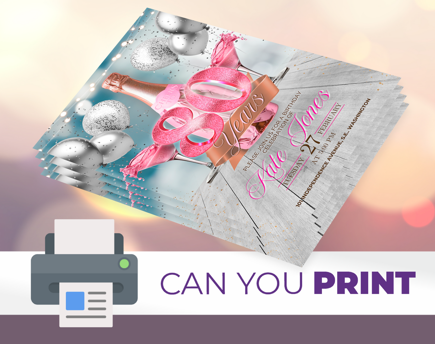 Invitación de vídeo de 80º cumpleaños de champán rosado (rosa brillante) | Plantilla de Canva editable
