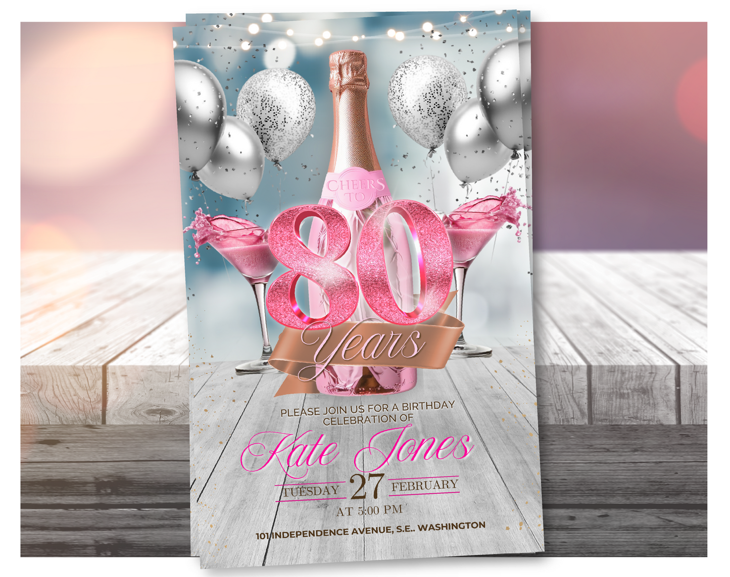 Invitación de vídeo de 80º cumpleaños de champán rosado (rosa brillante) | Plantilla de Canva editable