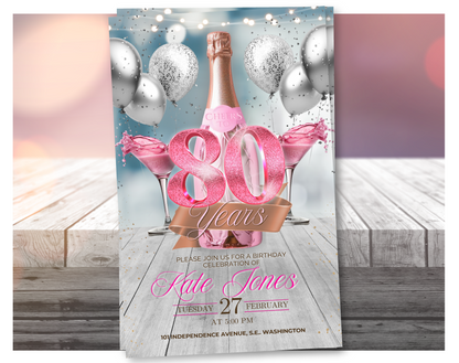 Invitación de vídeo de 80º cumpleaños de champán rosado (rosa brillante) | Plantilla de Canva editable