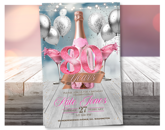 Invitación de vídeo de 80º cumpleaños de champán rosado (rosa brillante) | Plantilla de Canva editable