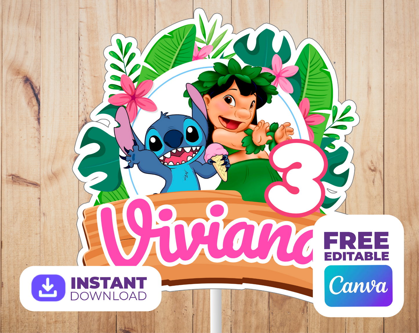 Lilo & Stitch Cake Topper - Plantilla de Canva Editable | Imprimible de Cumpleaños Ohana Tropical 🌺💙