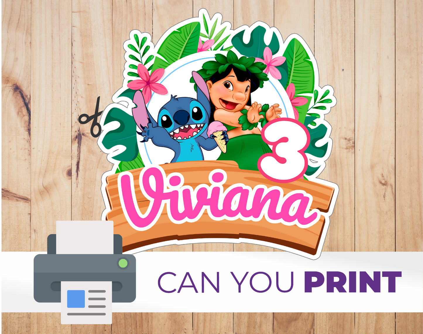 Lilo & Stitch Cake Topper - Plantilla de Canva Editable | Imprimible de Cumpleaños Ohana Tropical 🌺💙
