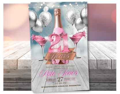 Invitación de vídeo para el 21 cumpleaños con champán rosa (rosa con purpurina) | Plantilla editable de Canva