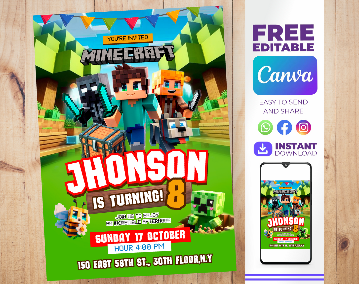 Invitación de cumpleaños de Minecraft - Plantilla editable de Canva | Invitación digital de videojuegos pixelados 🎮💚
