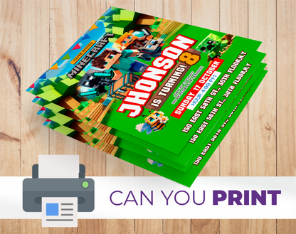 Invitación de cumpleaños de Minecraft - Plantilla editable de Canva | Invitación digital de videojuegos pixelados 🎮💚