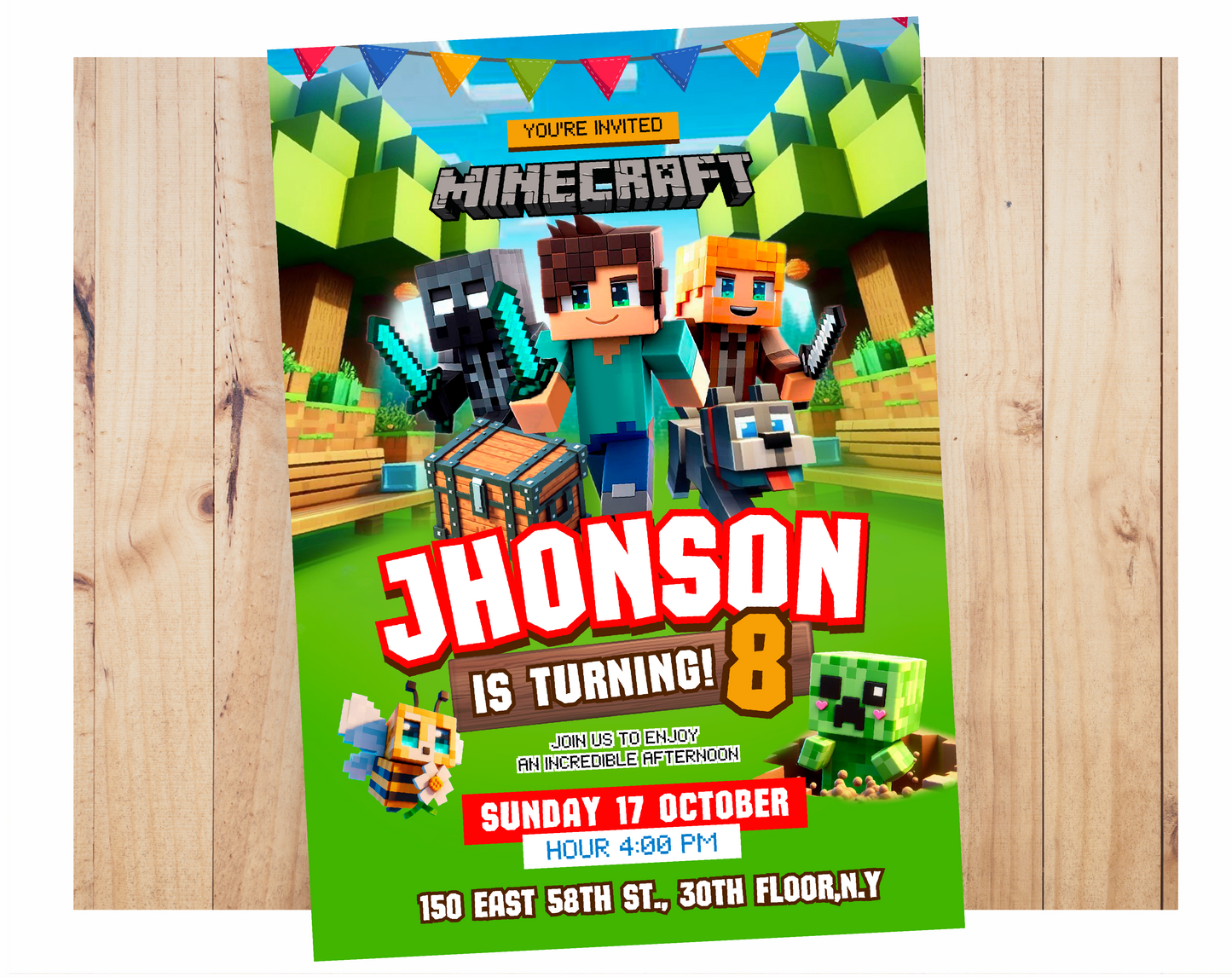 Invitación de cumpleaños de Minecraft - Plantilla editable de Canva | Invitación digital de videojuegos pixelados 🎮💚