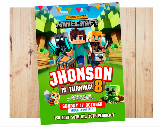 Invitación de cumpleaños de Minecraft - Plantilla editable de Canva | Invitación digital de videojuegos pixelados 🎮💚