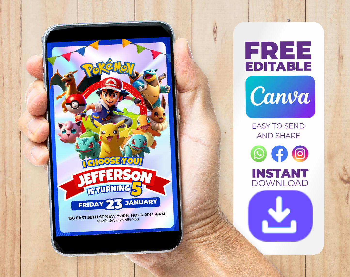 Invitación de cumpleaños de Pokémon - Plantilla editable de Canva | Invitación digital de Pikachu Gotta Catch 'Em All ⚡️⚡️