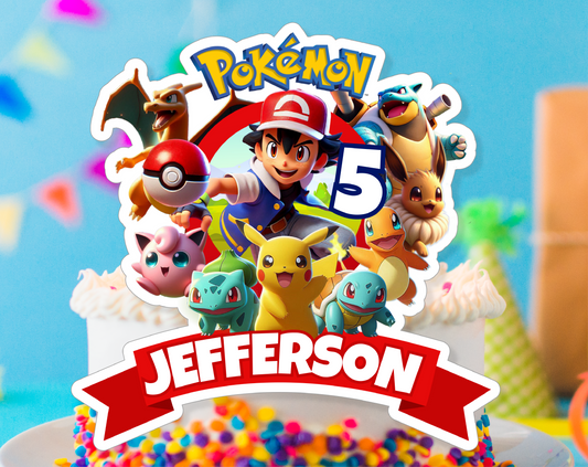 Pokémon Cake Topper - Editable Canva Template | Pikachu Gotta Catch 'Em All Birthday Party Printable ⚡️🔴⚪