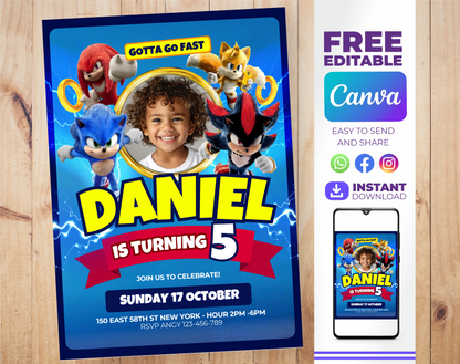 Invitación Animada de Cumpleaños de Sonic - Plantilla Editable de Canva | Invitación Digital de Video Rápida 💙⚡️