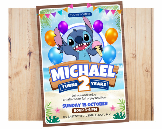 Stitch Birthday Invitation - Editable Canva Template | Cute Blue Hawaiian Digital Invite 💙🌺