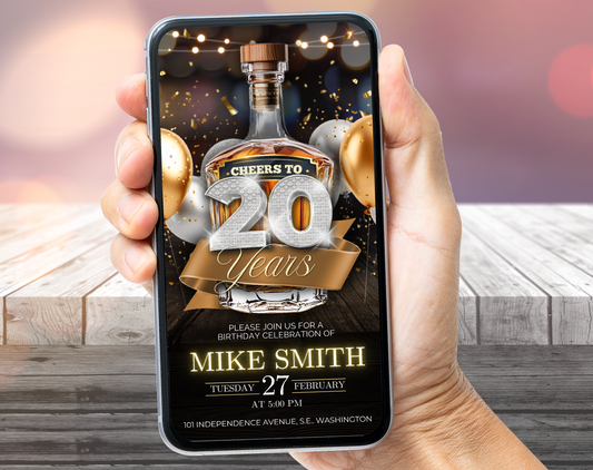 Luxury 20th Birthday Invitation Whisky Style 🥃 | Editable Canva Template | Elegant Gold Invite