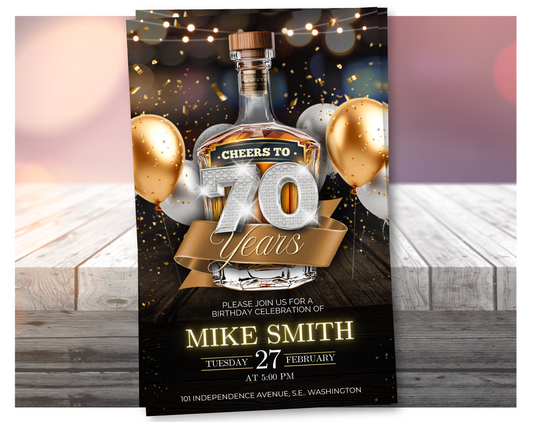 Luxury 70th Birthday Invitation Whisky Style 🥃 | Editable Canva Template | Elegant Gold Invite