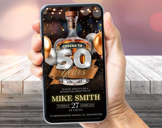 Invitación de lujo para 50 cumpleaños estilo whisky 🥃 | Plantilla editable en Canva | Elegante invitación dorada
