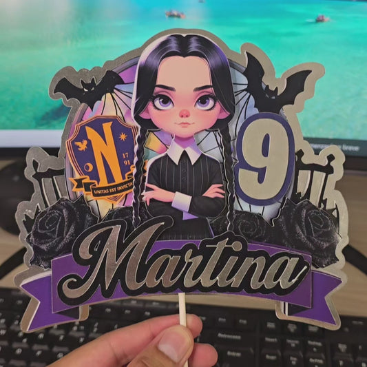 Topper de Miércoles Addams para Tarta de Cumpleaños – Adorno de Pastel Infantil, Decoración Gótica y Elegante
