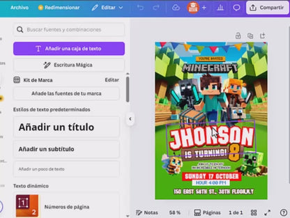 Invitación de cumpleaños de Minecraft - Plantilla editable de Canva | Invitación digital de videojuegos pixelados 🎮💚