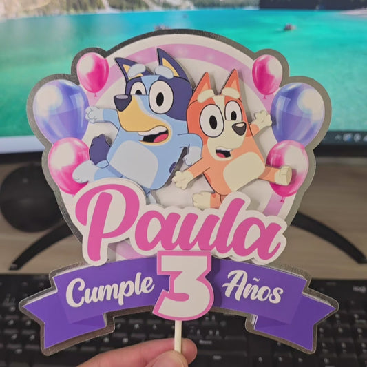 Topper de bluey rosa de niña para Tarta de Cumpleaños – Adorno de Pastel Infantil, Decoración Fiesta bluey
