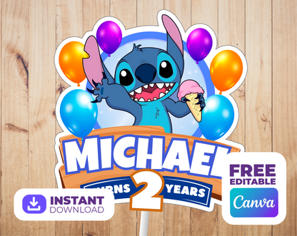 Stitch Cake Topper - Editable Canva Template | Lilo & Stitch Hawaiian Birthday Party Printable 💙🌺
